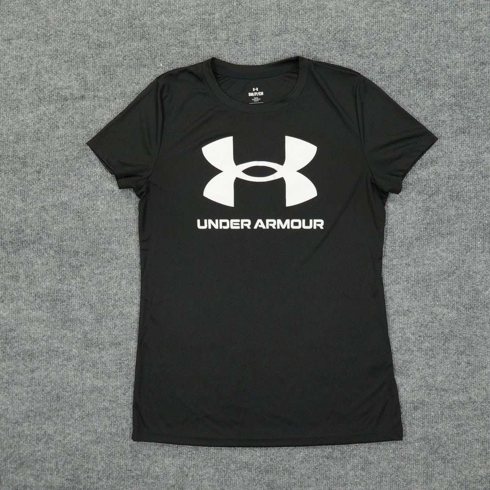 Under Armour Shirt Womens Small Black Big Logo Loose Fit Short Sleeve Athletic